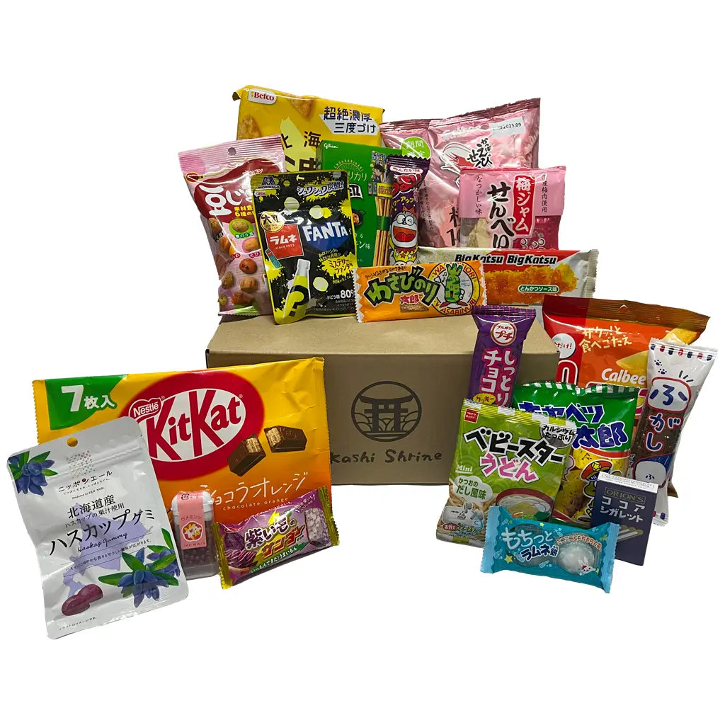 Starter Japanese Snack Box with 20 assorted snacks including Kit Kat and dagashi